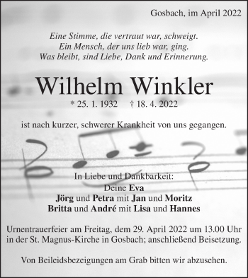 Traueranzeige von Wilhelm Winkler von Geislinger Zeitung