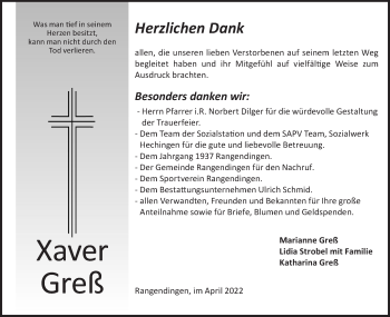 Traueranzeige von Xaver Greß von Metzinger-Uracher Volksblatt