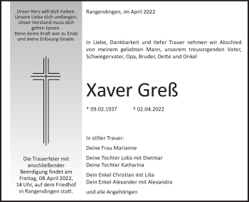 Traueranzeige von Xaver Greß von Metzinger-Uracher Volksblatt