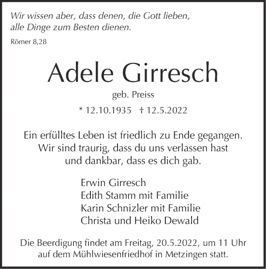 Traueranzeige von Adele Girresch von Metzinger-Uracher Volksblatt