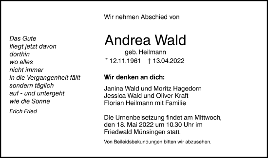 Traueranzeige von Andrea Wald von SÜDWEST PRESSE Ausgabe Ulm/Neu-Ulm