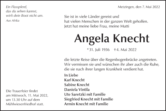 Traueranzeige von Angela Knecht von Metzinger-Uracher Volksblatt