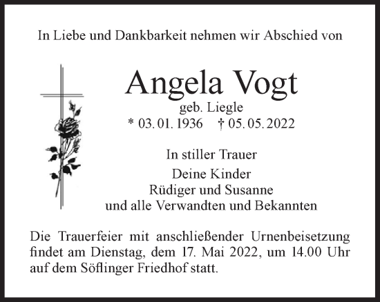 Traueranzeige von Angela Vogt von SÜDWEST PRESSE Ausgabe Ulm/Neu-Ulm