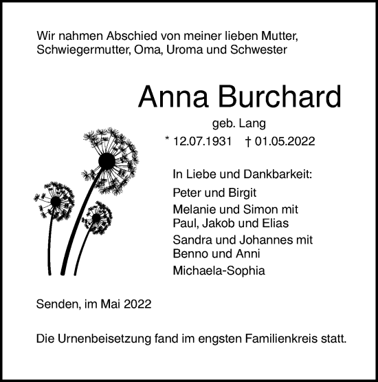 Traueranzeige von Anna Burchard von SÜDWEST PRESSE Ausgabe Ulm/Neu-Ulm