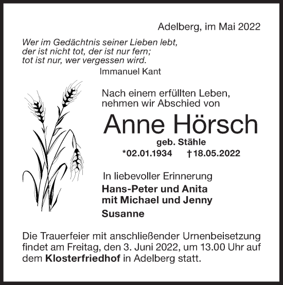 Traueranzeige von Anne Hörsch von NWZ Neue Württembergische Zeitung