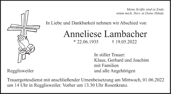 Traueranzeige von Anneliese Lambacher von Illertal Bote