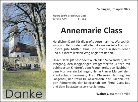 Traueranzeige von Annemarie Class von Alb-Bote/Metzinger-Uracher Volksblatt