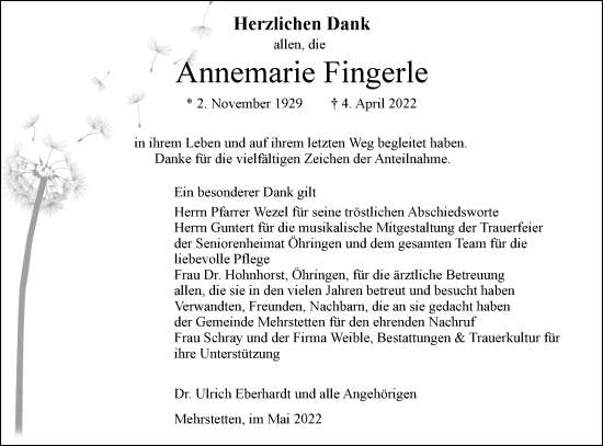 Traueranzeige von Annemarie Fingerle von Alb-Bote/Metzinger-Uracher Volksblatt