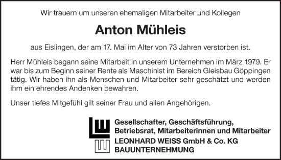 Traueranzeige von Anton Mühleis von NWZ Neue Württembergische Zeitung