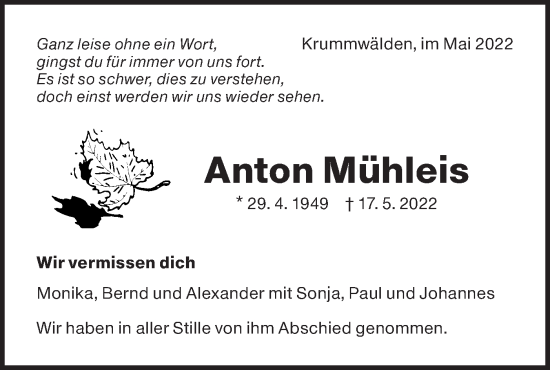 Traueranzeige von Anton Mühleis von NWZ Neue Württembergische Zeitung