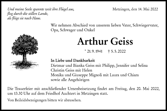 Traueranzeige von Arthur Geiss von Metzinger-Uracher Volksblatt