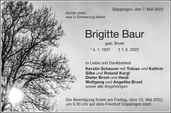 Traueranzeige von Brigitte Baur von NWZ Neue Württembergische Zeitung