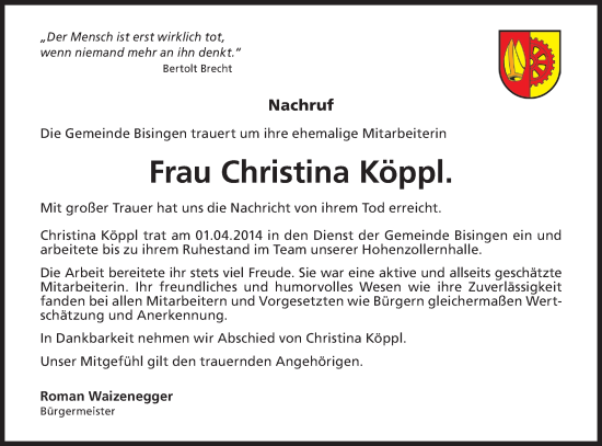 Traueranzeige von Christina Köppl von Metzinger-Uracher Volksblatt