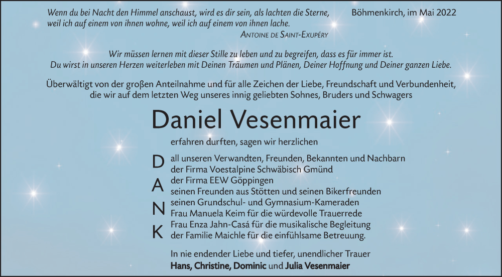  Traueranzeige für Daniel Vesenmaier vom 06.05.2022 aus Geislinger Zeitung