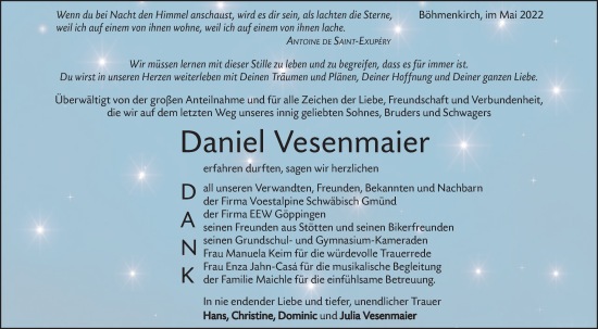 Traueranzeige von Daniel Vesenmaier von Geislinger Zeitung