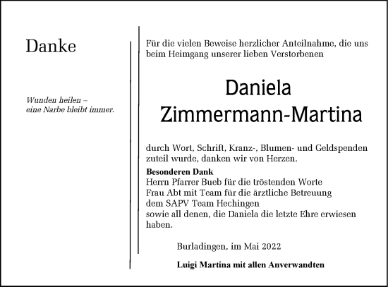 Traueranzeige von Daniela Zimmermann-Martina von Metzinger-Uracher Volksblatt