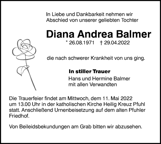 Traueranzeige von Diana Andrea Balmer von SÜDWEST PRESSE Ausgabe Ulm/Neu-Ulm