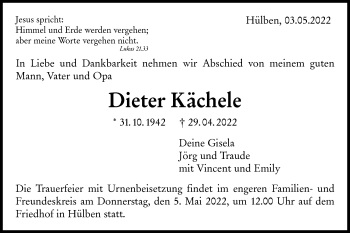 Traueranzeige von Dieter Kächele von Metzinger-Uracher Volksblatt