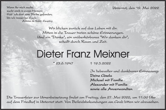 Traueranzeige von Dieter Franz Meixner von Rundschau Gaildorf