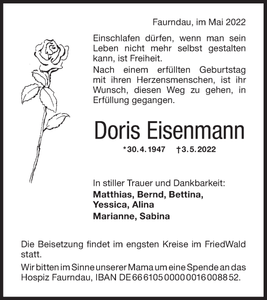 Traueranzeige von Doris Eisenmann von NWZ Neue Württembergische Zeitung