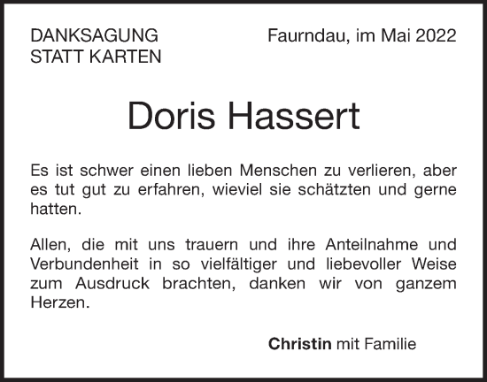 Traueranzeige von Doris Hassert von NWZ Neue Württembergische Zeitung