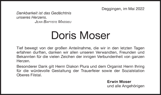 Traueranzeige von Doris Moser von Geislinger Zeitung