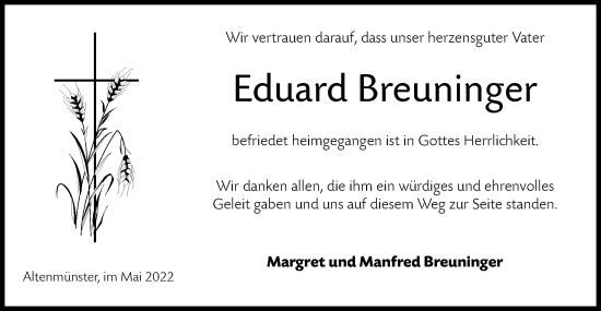 Traueranzeige von Eduard Breuninger von Hohenloher Tagblatt