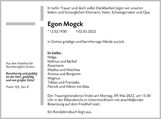 Traueranzeige von Egon Mogck von Haller Tagblatt