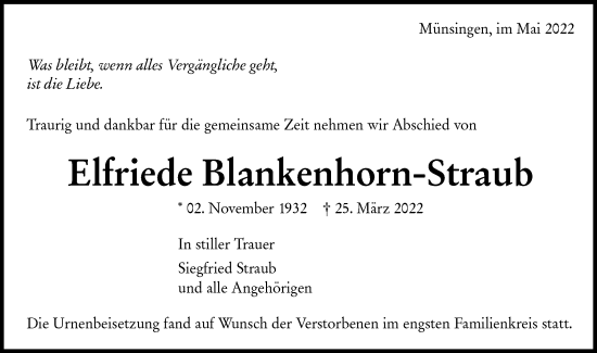 Traueranzeige von Elfriede Blankenhorn-Straub von Alb-Bote/Metzinger-Uracher Volksblatt