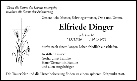 Traueranzeige von Elfriede Dinger von Haller Tagblatt