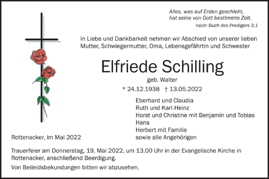 Traueranzeige von Elfriede Schilling von Ehinger Tagblatt