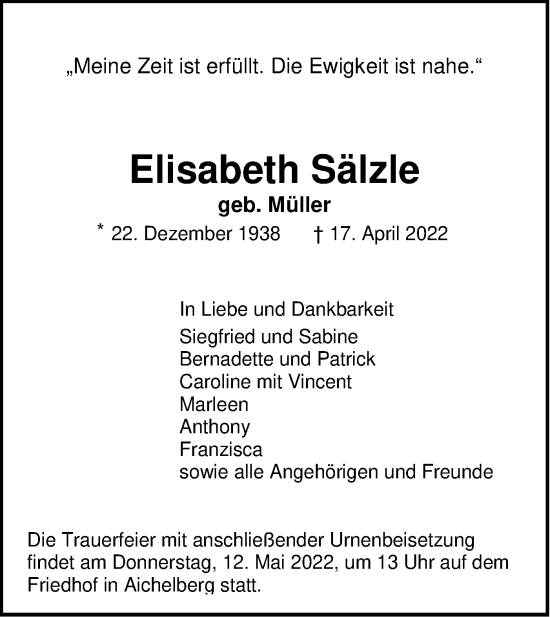 Traueranzeige von Elisabeth Sälzle von NWZ Neue Württembergische Zeitung