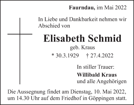 Traueranzeige von Elisabeth Schmid von NWZ Neue Württembergische Zeitung