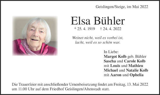 Traueranzeige von Elsa Bühler von Geislinger Zeitung