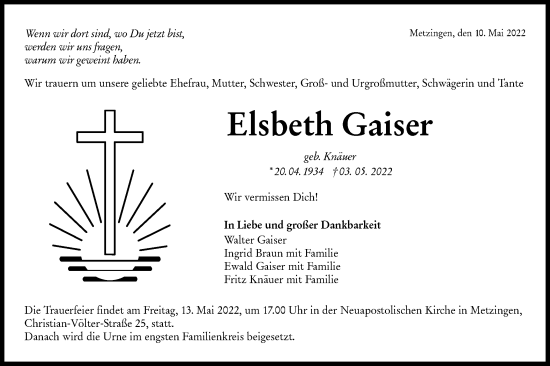 Traueranzeige von Elsbeth Gaiser von Metzinger-Uracher Volksblatt