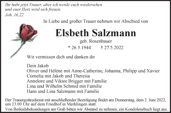 Traueranzeige von Elsbeth Salzmann von SÜDWEST PRESSE Ausgabe Ulm/Neu-Ulm