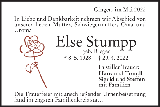 Traueranzeige von Else Stumpp von Geislinger Zeitung