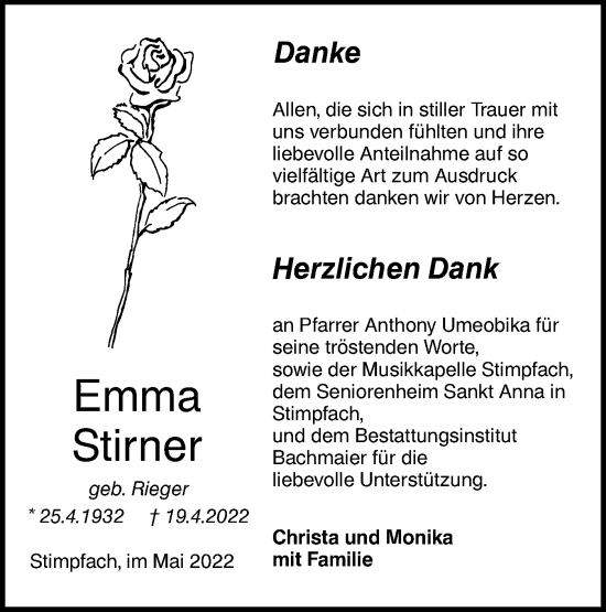 Traueranzeige von Emma Stirner von Hohenloher Tagblatt