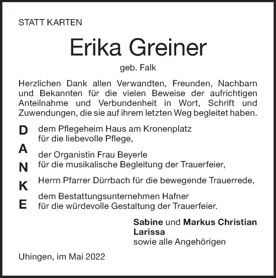 Traueranzeige von Erika Greiner von NWZ Neue Württembergische Zeitung