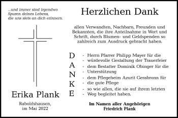 Traueranzeige von Erika Plank von Hohenloher Tagblatt