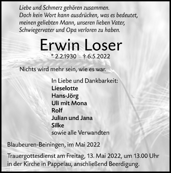 Traueranzeige von Erwin Loser von SÜDWEST PRESSE Ausgabe Ulm/Neu-Ulm