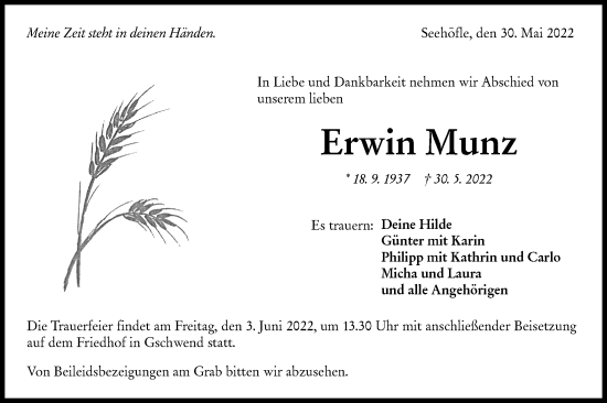 Traueranzeige von Erwin Munz von Rundschau Gaildorf