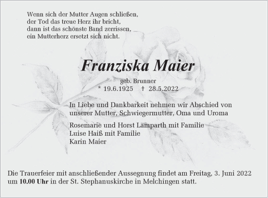 Traueranzeige von Franziska Maier von Metzinger-Uracher Volksblatt