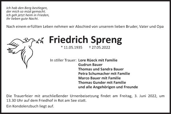 Traueranzeige von Friedrich Spreng von Hohenloher Tagblatt