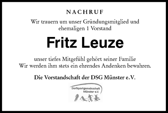 Traueranzeige von Fritz Leuze von Rundschau Gaildorf