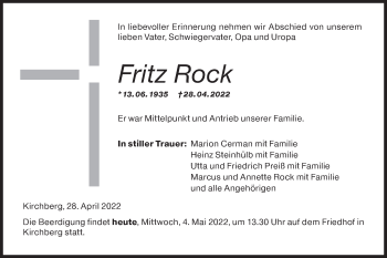 Traueranzeige von Fritz Rock von Hohenloher Tagblatt