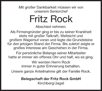 Traueranzeige von Fritz Rock von Hohenloher Tagblatt