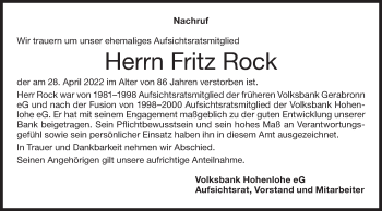 Traueranzeige von Fritz Rock von Hohenloher Tagblatt