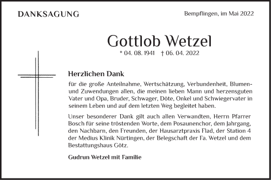 Traueranzeige von Gottlob Wetzel von Metzinger-Uracher Volksblatt