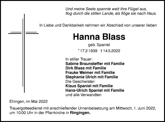 Traueranzeige von Hanna Blass von Ehinger Tagblatt